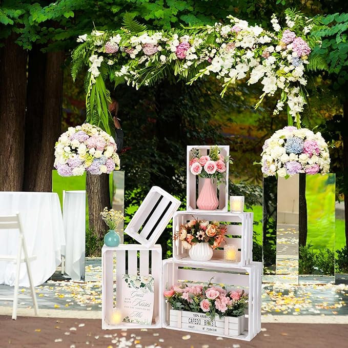 Soaoo 5 Pcs Decorative Nesting Wooden Crates for Storage Display 5 Size Large Small Rustic Wood Decorative Storage Crates with Handle Farmhouse Crate Box Container Made from Pine(Painted White)