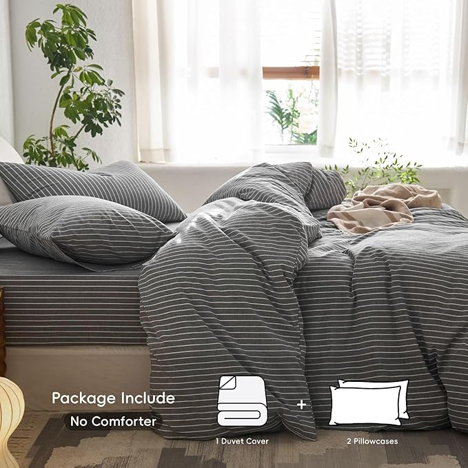 MooMee Striped Duvet Cover Set 100% Washed Cotton Linen Like Textured Breathable Durable Soft Comfy (Dark Grey White Wide Stripes, Full 80"x90")