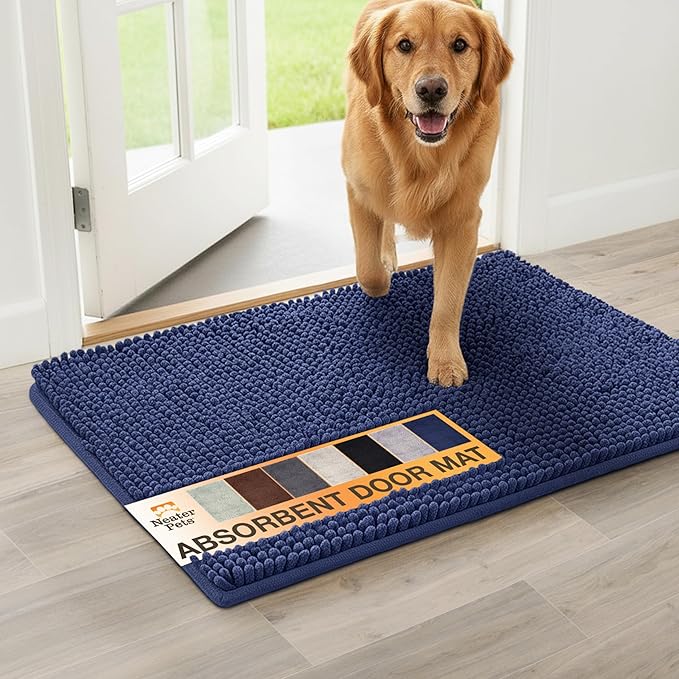 Neater Pets Chenille Dog Door Mat 24” x 17” – Super Absorbent & Quick-Dry Muddy Paws Doormat for Trapping Dirt, Water, Mud - Non-Slip & Machine Washable Pet Rugs for Entryway, Indoor Mud Mats, Navy