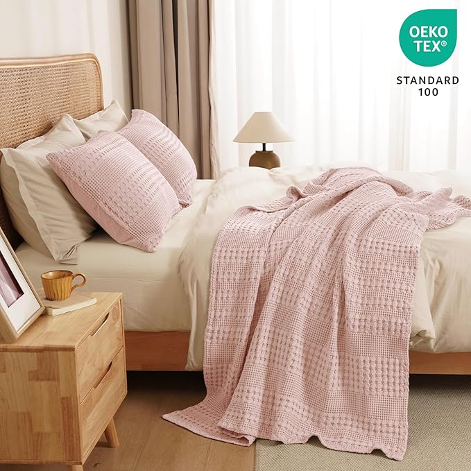 PHF 100% Cotton Waffle Weave Throw Blanket, Soft Lightweight Breathable Cozy Throws for Couch Bed Sofa, 300 GSM Luxury Aesthetic Blanket Gift for Home Decor & Office, 50"x60", Pink/Mauve