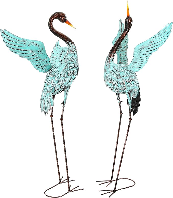 47.5" Extra-Large Blue Heron Decor, Handcrafted Metal Crane Statues with Stable U-Ground Stakes, Backyard Decoration, Metal Garden Bird Animal Yard Art, Lawn Ornament