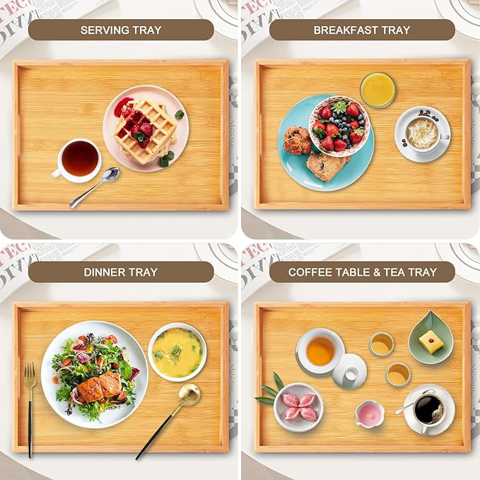 Bamboo Serving Tray for Bed Decorative Couch Tray Coffee Table Food Trays with Handles for Breakfast Dinner Restaurants Party or Home Decor Outdoor Scenarios 2 Packs