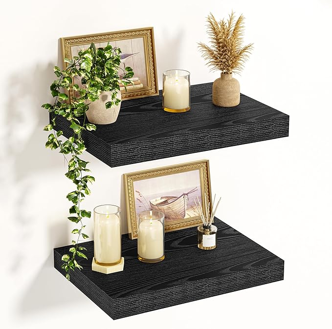Vivelove Black Floating Shelves 15.7 Inches Wide, 12" Deep Wall Shelves for Bedroom, Bathroom, Living Room, Kitchen, Office, Rustic Home Decor Shelf with Invisible Brackets, 15.7X12X1.5, Set of 2