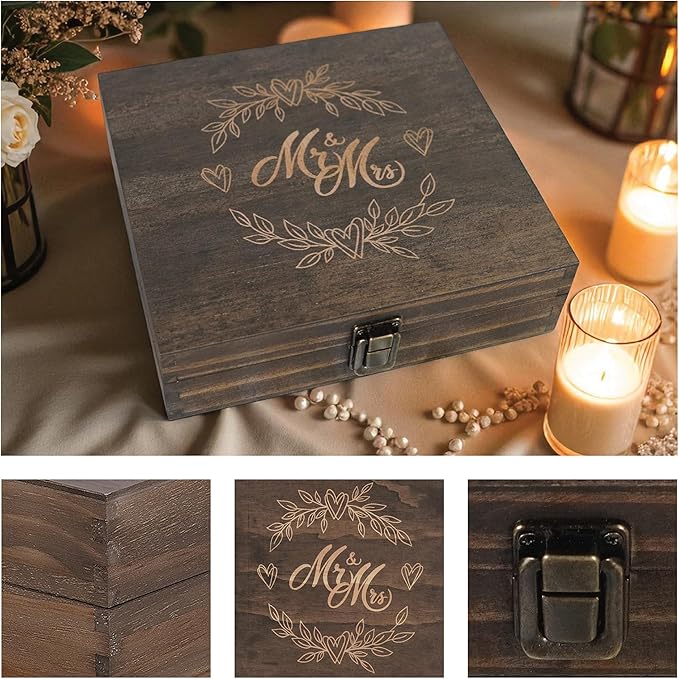 Mr and Mrs Wedding Memory Box- Wooden Keepsake Box with Lid for Couples, Rustic Storage Box for Cards, Photos & Mementos, Valentine’s Day, Wedding Anniversary & Engagement Gift- 8.5 x 8 x 2.4 Inches