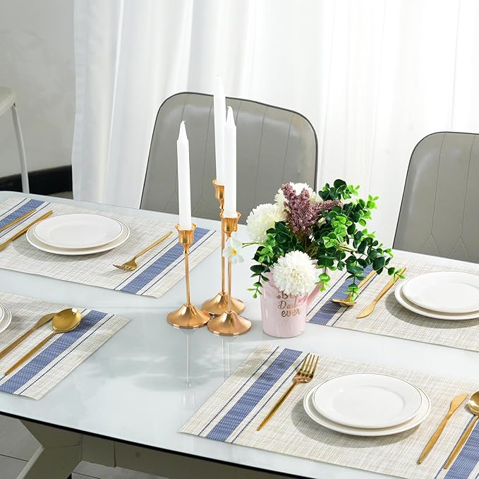 Placemats Set of 8，Non-Slip PVC Weave Table Mats Easy to Clean，Heat Resistant Place Mats for Kitchen Dining Table Decoration Indoor Outdoor，Khaki Blue