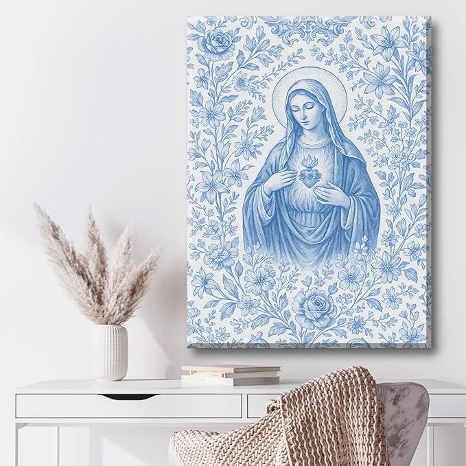 Blue Virgin Mary Immaculate Heart Canvas Wall Art Christian Catholic Wall Decor Our Lady of Guadalupe Portrait Poster Prints Religious Bible Artwork for Living Room Prayer Room Church 12x16in