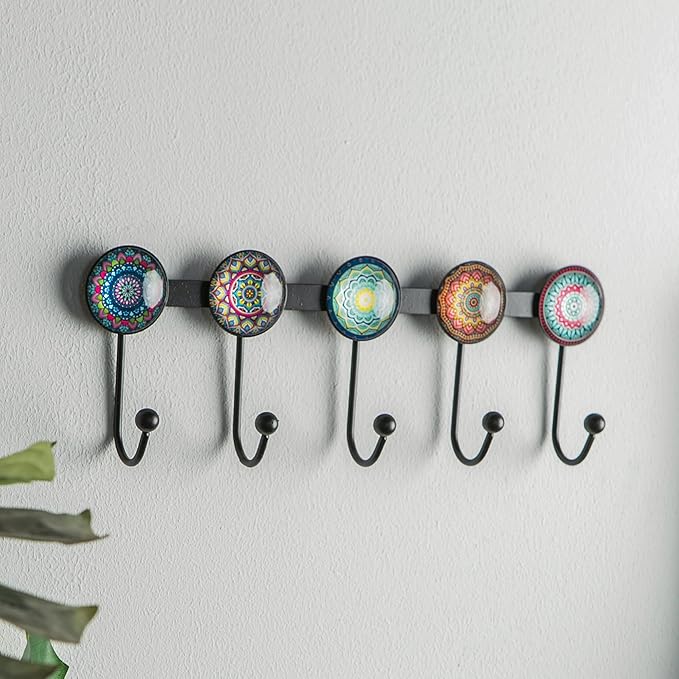 Boho Coat Rack Wall Mounted with 5 Hooks, Multi-Color Mandala Pattern Decorative Wall Hooks for Hanging Hat, Key, Towel, Purse, Bag, and Robe - for Entryway, Bathroom, and Office
