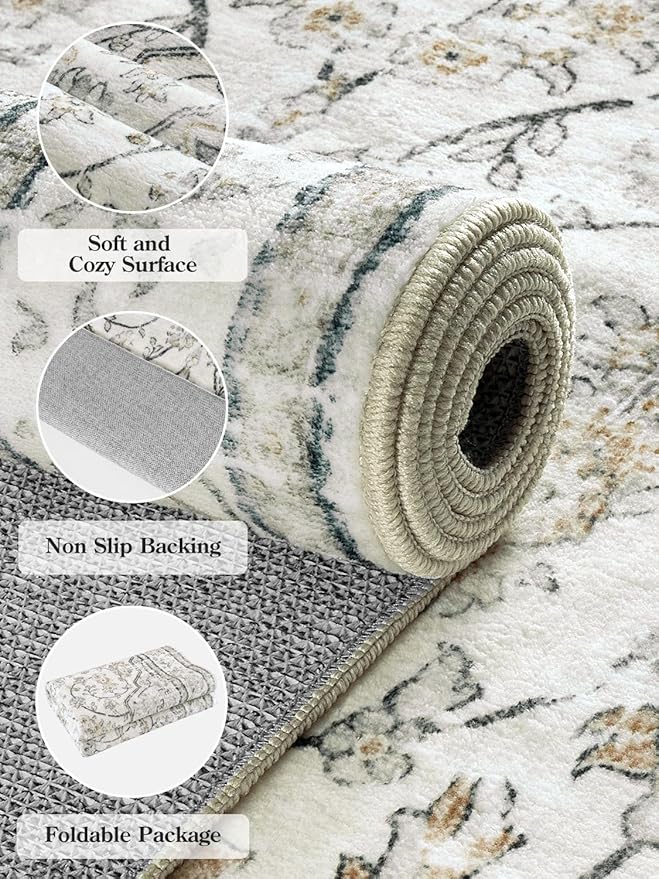 Lahome Beige Area Rug 5x7 Non Slip Washable Oriental Traditional Distressed Rugs for Bedroom Soft Low Pile Neutral Modern Farmhouse Decor Vintage Living Room Indoor Floor Accent Carpet