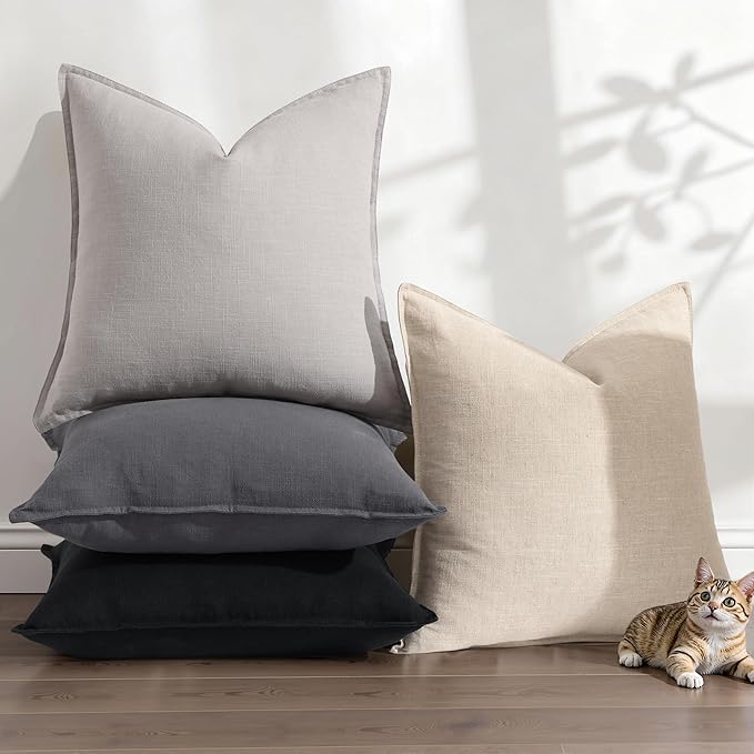 decorUhome Spring Decorative Linen Euro Sham Throw Pillow Covers 22x22 Inch Set of 2 Light Grey Pillow Covers with Flange Edges Soft Farmhouse Boho Accent Pillow Cases for Couch Bed Living Room