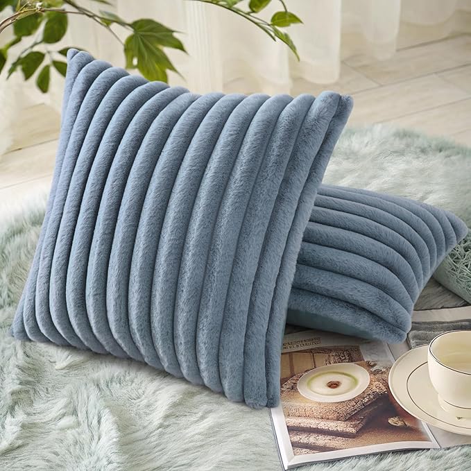 decorUhome Faux Fur Spring Throw Pillow Covers 22x22 Set of 2, Decorative Soft Plush Striped Neutral Couch Euro Sham Pillow Covers with Velvet Back for Sofa, Bed, Living Room Home, Grey Blue