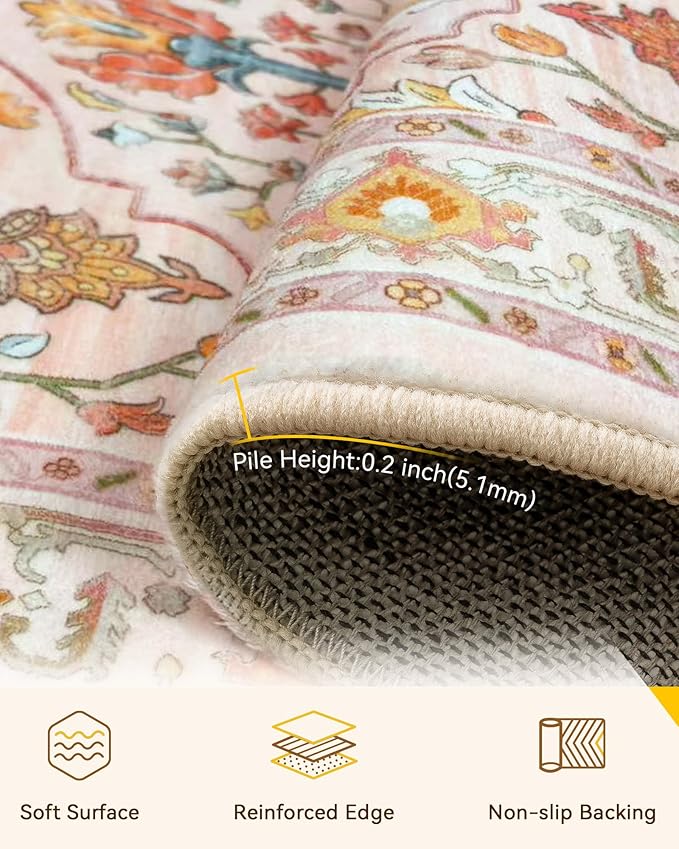 RELEANY Area Rugs Square 4ft Washable Non-Slip, Floral Vintage Distress Print Pattern Medallion Carpet for Living Room Bedroom Dining Room, Light Pink Colorful