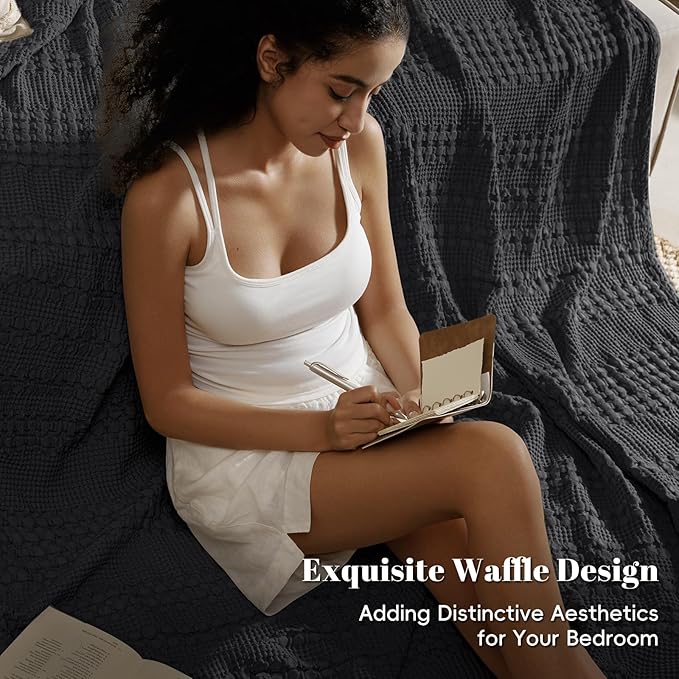 PHF 100% Cotton Waffle Weave Blanket Queen Size for Bed, Soft Lightweight & Breathable, All-Season Comfort, 300 GSM Luxury Aesthetic Blanket for Home Decor, 90"x90", Black
