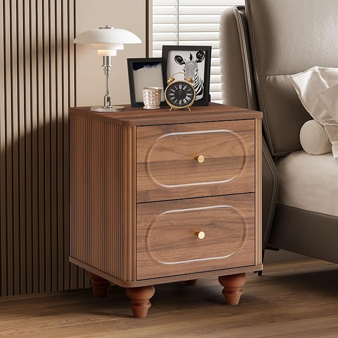 2 Drawer Fluted Nightstand, Mid Century Modern Farmhouse Night Stand Small End Table Bedside Table for Bedroom, Living Room, Walnut