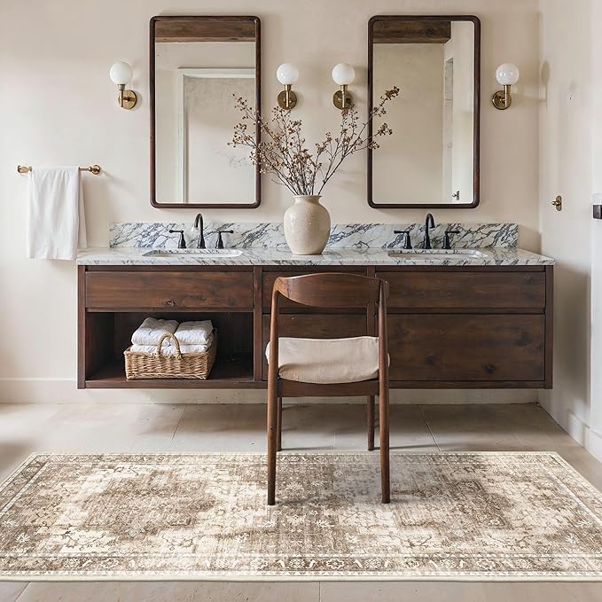 BESBLEE Runner Rug 2'6''x6 Non Slip Machine Washable Vintage Hallway Runner Rug, Low PileLight Weight Rugs for Entryway, Hallway, Kitchen and Corridor, Latte Beige