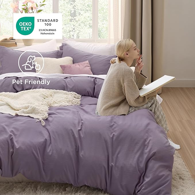 Bedsure Grayish Purple Duvet Cover King Size - 3 Pieces Prewashed Cotton-Like Extra Soft Bedding Set, Includes 1 Duvet Cover 104x90 Inches with Zipper Closure & 2 Pillow Shams, Comforter Not Included