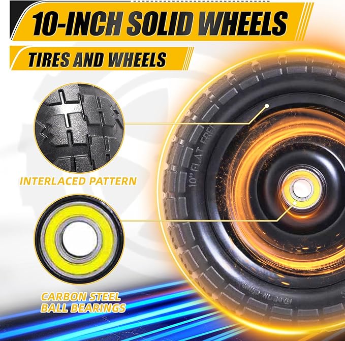 MZREXN 2-Pack 10" Flat Free Solid Tires 4.10/3.50-4 Tire and Wheel, with 5/8" Axle Bore Hole, 2.2"-2.4" Offset Hub, for Hand Truck, Garden Cart,Trolleys, Yard Trailers, Utility Cart, Black
