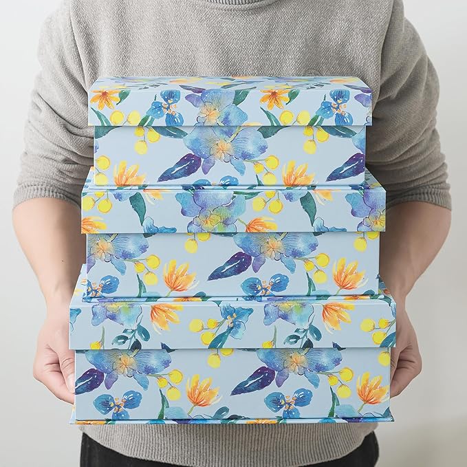 Soul & Lane Blue and Yellow Decorative Storage Boxes with Lids - Set of 3 - Sunlit Garden Delight: Floral Memory Keepsake Boxes with Magnetic Closure, Cardboard Storage for Photos, Organizing, Gifts