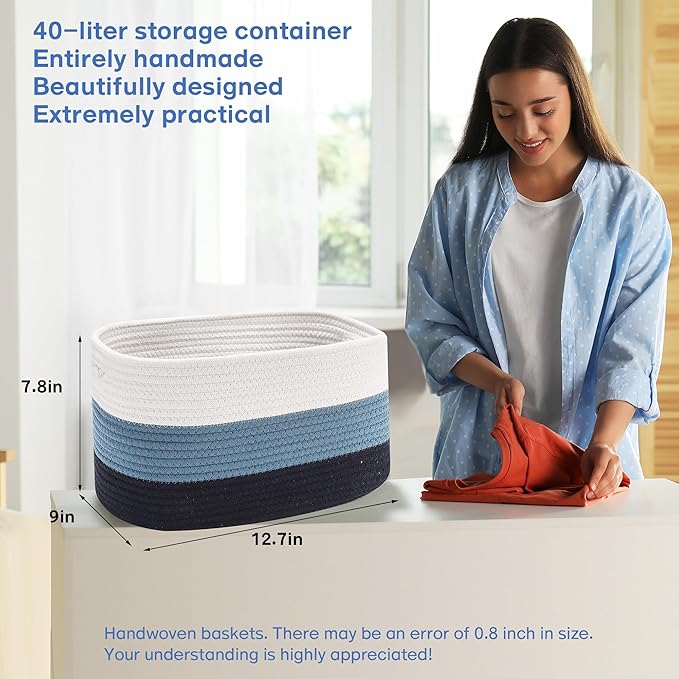 4 Pack Woven Storage Baskets for Organizing - Cotton Rope Baskets for Closet, Toys, Books, Towels, Durable Storage Bins for Shelves, Living Room, Bedroom, 12.7''Lx9''Wx7.8''H (Blue, 12.7")