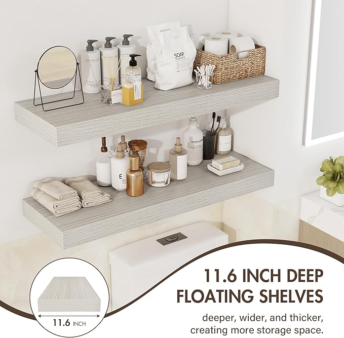 30 Inch Floating Shelves, 12" Deep Floating Shelf Wall Mounted, 30" Wall Shelves, Rustic Deep Bookshelf, Extra Deeper & Thicker Display Shelves for Bedroom, Living Room, Gray, Set of 2