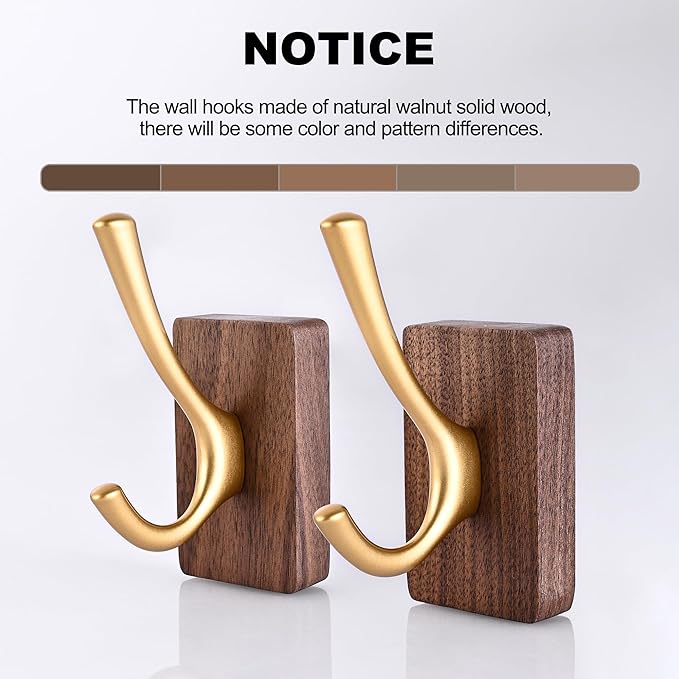 6 Pack Walnut Wood Wall Coat Hooks for Hanging, Adhesive Mounted & Wall Mount Heavy Duty Wooden Double Hook Hanger for Towel Backpack Hat Jacket Clothes Blanket Purse Robe Key Stain Gold Hook
