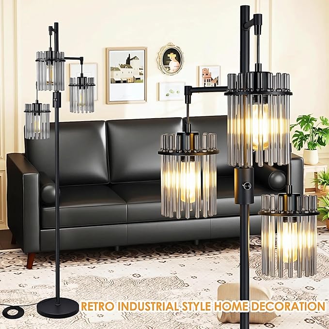 VOUTOORO Industrial Modern Floor Lamps for Living Room, Dimmable Glass Tree Standing Tall Lamps with 3 Elegant Teardrop Cage Head & 1200 Lumens LED Bulbs for Bedroom Office (66inch Tall)