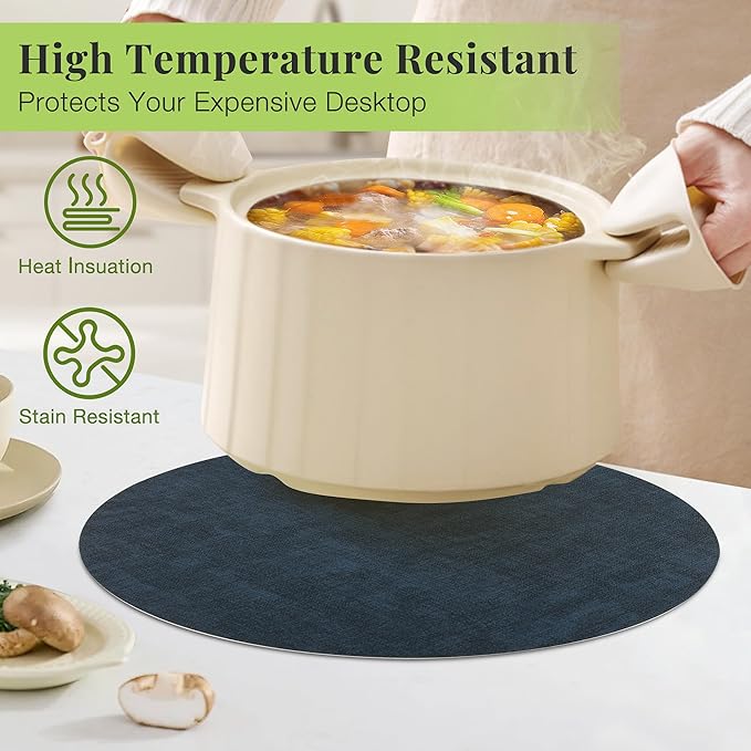 13-Inch Faux Leather Round Placemats Set of 8, Waterproof Anti-Slip Dual Sided Place mats, Heat Resistant Washable Table Mats with Coaster, Suitable for Indoor & Outdoor (8, Black Navy Blue)