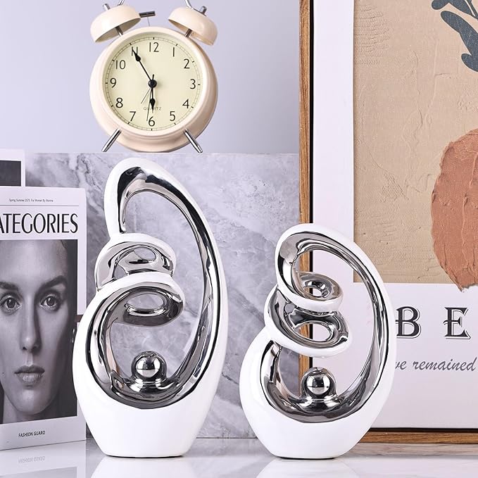 White Silver Ceramic Abstract Sculpture, Modern Accent Decor, Porcelain Statues Art Deco Show Piece for Home, Knick Knacks, TV Stand Centerpieces
