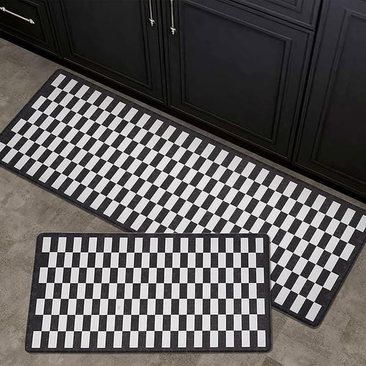 FRESHMINT Vintage Checkerboard Anti-Fatigue Kitchen Mat Set of 2, Cushioned Foam Kitchen Mats for Floor, Waterproof Non Slip Comfort Mat, Modern Kitchen Rug for Kitchen Decor, Sink, Black