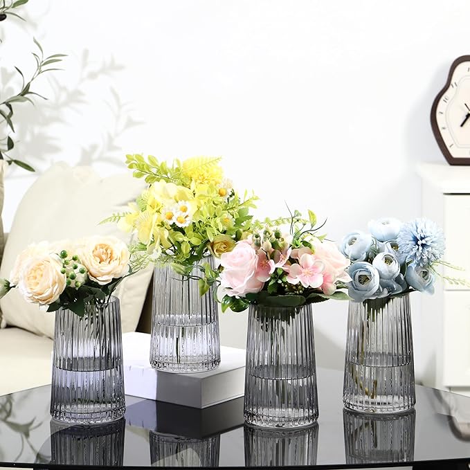 Black Glass Vases Set of 4, Small Vases for Flowers, Flower Vase for Bouquet, Modern Ribbed Glass Vase for Living Room, Bedroom, Dining Table, Office, Wedding, Centerpieces