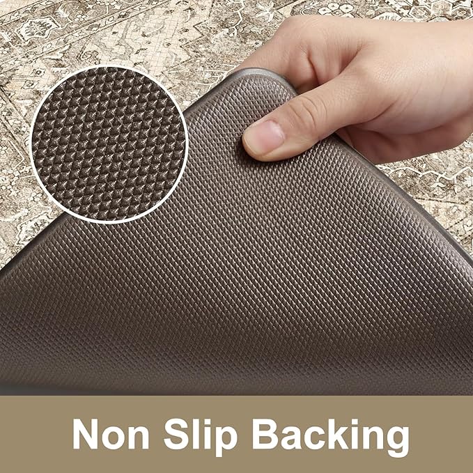 KIMODE Anti Fatigue Kitchen Mats 20"x71"+20"x32", Boho Distressed Kitchen Rugs Sets of 2, Non Slip Waterproof Kitchen Floor Mats, Memory Foam Kitchen Mat for Sink Laundry Desk Bedroom Khaki