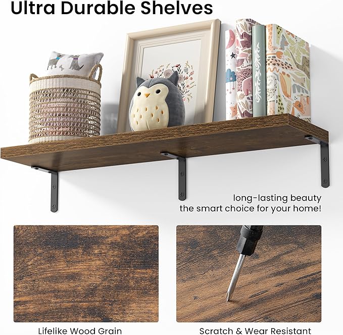 Marsmiles Extra Wide Floating Shelves for Wall, 48x8 Inch Natural Wood Grain Bookshelves, Heavy Duty Mounted Shelving for Bathroom, Kitchen, Living Room, Bedroom,Set of 2，Rustic Brown