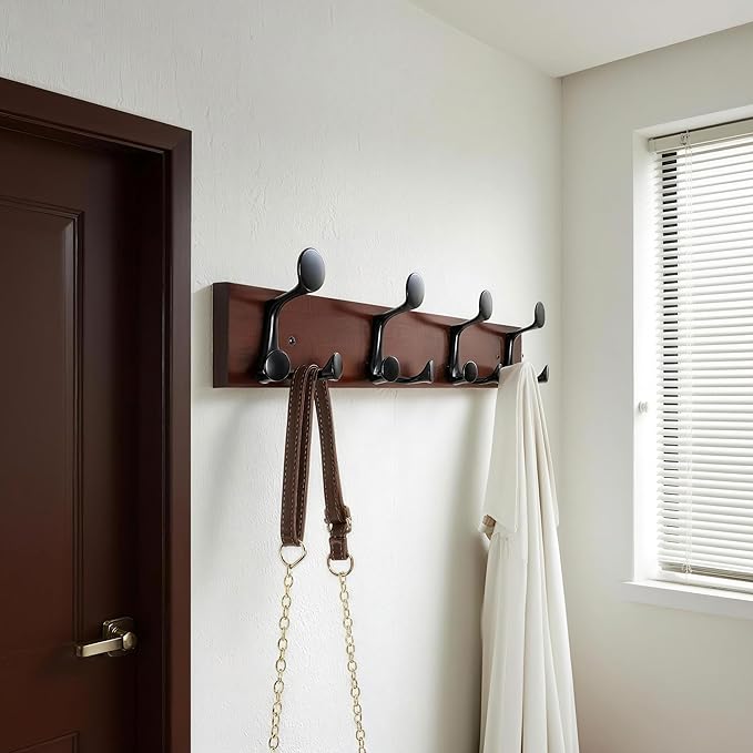 WEBI Coat Rack Wall Mount,24" Solid Wood Coat Hooks Wall Mounted Coat Hanger,16" Hole to Hole,Heavy Duty Hook Rack Rail,4 Triple Hooks for Hanging Coats,Jacket,Clothes,Hat,Backpack,Cherry