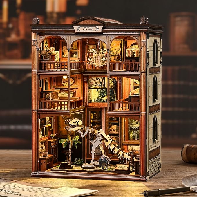 Book Nook Kit, DIY Miniature House Kit Dinosaur Fossil Exhibition Museum with LED Light, 3D Wooden Puzzle Handmade Craft Gift for Adults and Teens - Fossil Museum