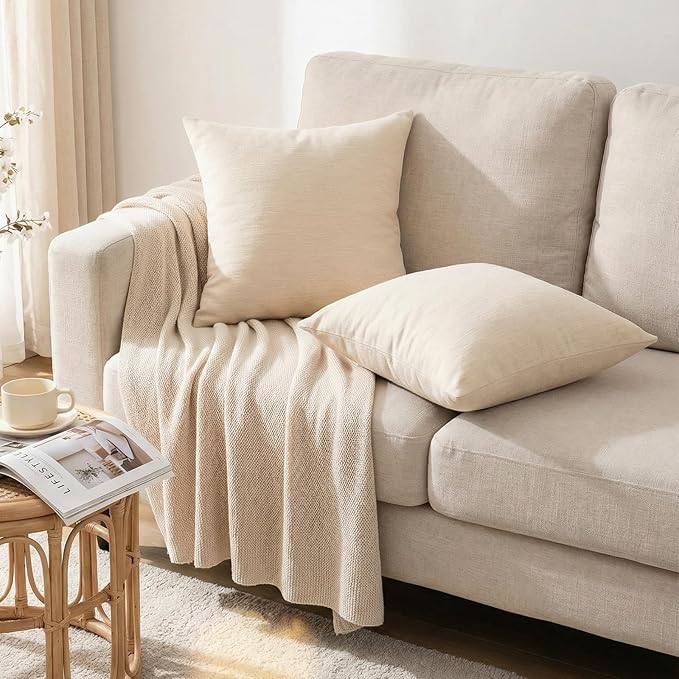 Set of 4 Khaki Throw Pillow Covers 18x18 Inch, Neutral Boho Farmhouse Aesthetic Decorative Pillow Cases for Couch, Sofa, Living Room & Bed, Soft Chenille Pillow Cases, Stylish Home Decor, 45x45 cm