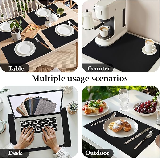 FROMHEART Faux Leather Placemats Set of 12–Waterproof,Heat/Oil Stain-Resistant PU Table Mat–Reversible,Non-Slip,Easy to Clean Place Mats for Kitchen,Dining,Indoor/Outdoor,(Black,11.8" x 17")