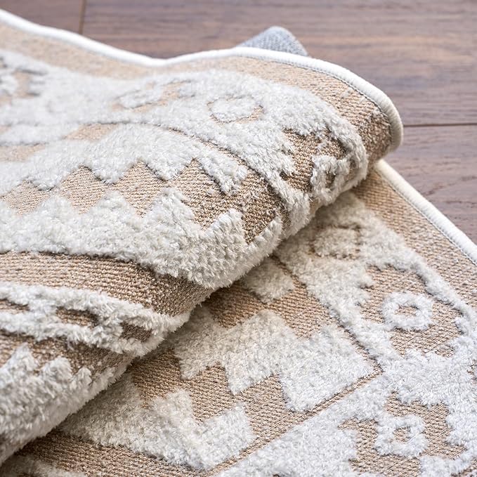 RAMEFILD Moroccan Washable Area Rug 3x5, Geometric Tribal Decorative Woven Rug, Non-Slip Boho Farmhouse Soft Low-Pile Area Rug for Living Room Bedroom Dining Table Nursery, Cream/White
