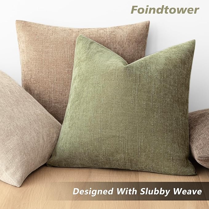 Foindtower Pack of 2 Soft Textured Chenille Throw Decorative Pillow Covers Square Accent Solid Cushion Cover Cozy Neutral Farmhouse Pillow Case for Couch Sofa Bedroom Living Room 22x22 Inch,Sage Green