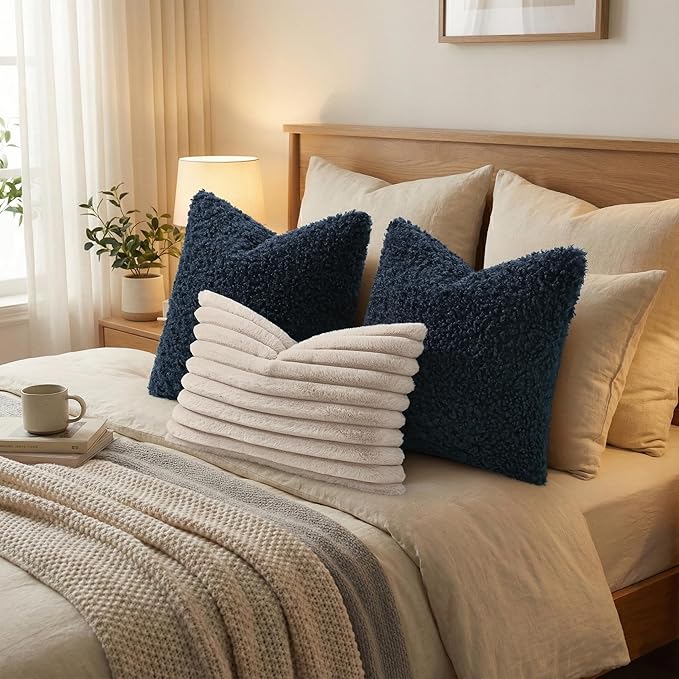 decorUhome Pack of 2 Throw Pillow Covers 20x20 Inch, Faux Fur Decorative Sherpa Pillow Covers Fuzzy Accent Soft Sheepskin Fleece Pillow Cases for Couch Living Room Bed, Navy Blue