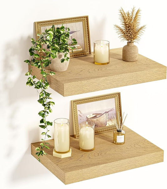 Vivelove 12 Inch Deep Floating Shelves 15.7 inch Long, Over Toilet Shelf with Invisible Brackets, for Bedroom Bathroom Living Room Kitchen Office, Rustic Farmhouse Decor, 15.7X12X1.5 Set of 2, Oak