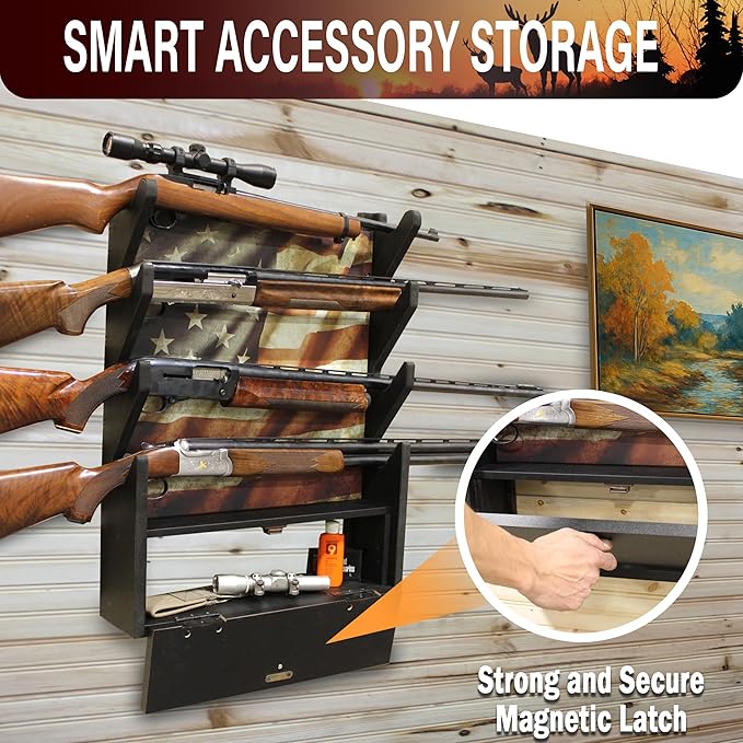 Rush Creek Creations, Gun Rack for Wall, Storage for 4 Guns, Rifles or Shotguns, American Flag Gun Rack Display, Wall Mount, Additional Storage for Gun Accessories