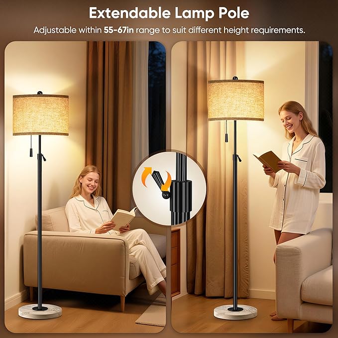 FUNNYBEHOM Floor Lamp for Living Room, Floor Lamp with Remote Control, Adjustable Height Modern Standing Lamp with Marble Base & Linen Shade, Dimmable Tall Floor Light for Bedroom, Reading Black