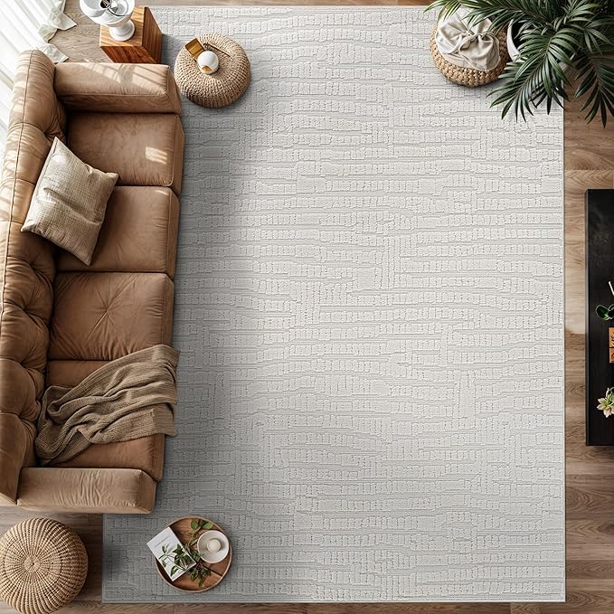 Luul Home Modern Micro Loop Indoor Area Rugs for Living Room Bedroom Kitchen Geometric Pebble White 5x7 Luxury Durable Low and High Pile Non-Shedding Stain Resistant Soft Area Carpet 5 x 7