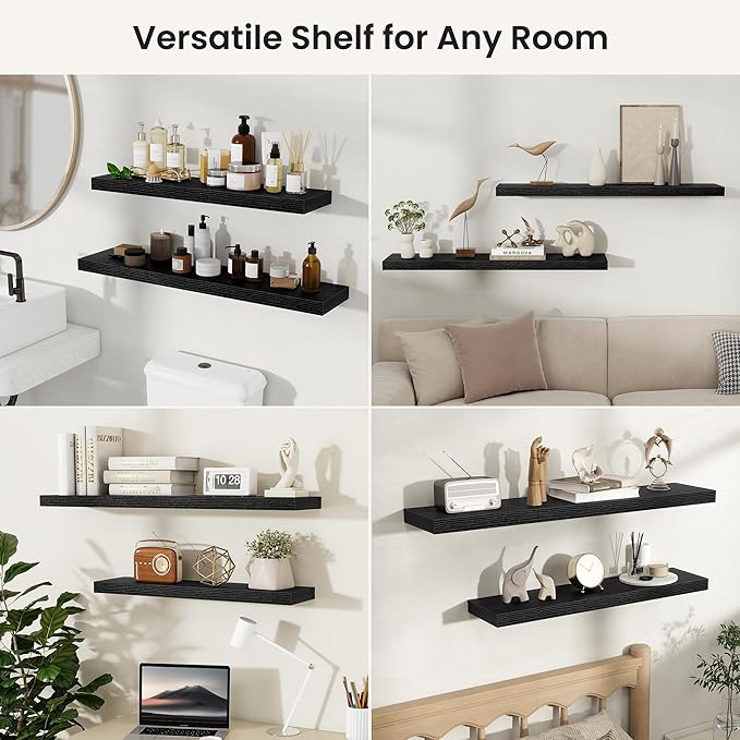 Fun Memories Floating Shelves for Wall, Rustic Wood Wall Mounted Shelves for Bathroom, Bedroom, Living Room & Kitchen, Storage Display Shelves, (Set of 3, Black, 12 in)