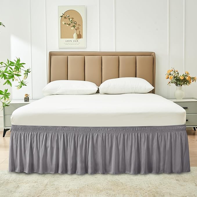 Biscaynebay Wrap Around Bed Skirts for Full & Full XL Beds Extra Short Drop of 9", Silver Grey Elastic Dust Ruffles Easy Fit Wrinkle and Fade Resistant Silky Luxurious Fabric Solid Machine Washable