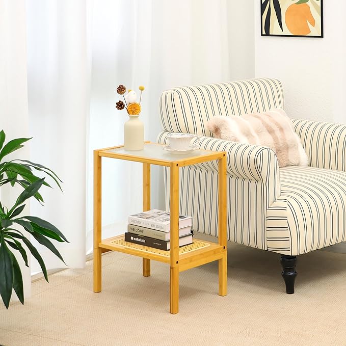 2-Tier Bamboo Side Table, Modern Glasstop Rattan Side Table, Mid Century Wood Sofa-Side End Tables for Living Room, Bedroom Night Stand with Storage, Small Narrow Coffee Tables, Burlywood