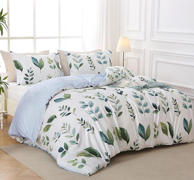 Duvet Cover King Size, Reversible Floral Vintage Duvet Cover Set with Zipper Closure, 3 Pieces Botanical Patterns Soft Microfiber Bedding Set (90"x104", 2 Pillow Cases 20"×36", Green Foliage White)