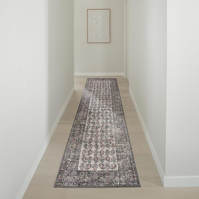Teal & Orange Lattice Vintage Oriental Low Pile Runner Rug in Ivory with Rust Accents – 2’6" x 8’ Runner Rug for Entryway, Kitchen, Hallway, Bedroom – Durable, Easy to Clean, Pet & Kid Friendly