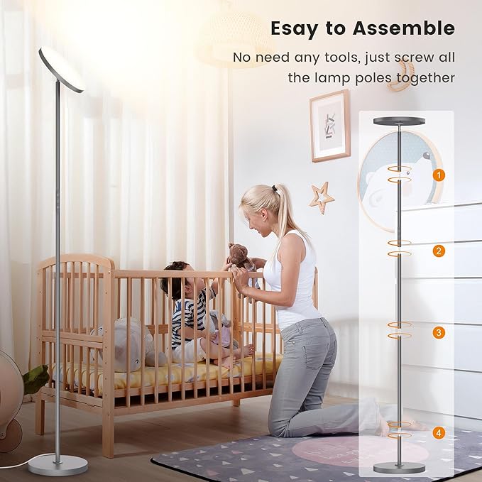 WOWLUMEN Floor Lamp,Bright 36W 3500LM Standing Lamp with Remote, 2700K Soft White to 6500K Cool White Adjustable,Touch Control Dimmable Torchiere Tall Light for Living Room,Bedroom,Office,Sofa(Gray)