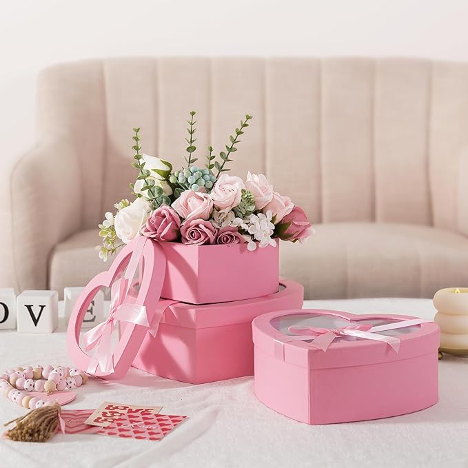 Soul & Lane Pink Heart Shaped Gift Boxes with Clear Lids and Decorative Bows: Set of 3 Cardboard Heart Boxes for Flowers, Chocolates, Large Box for Flower Arrangements and Valentine’s Day Presents