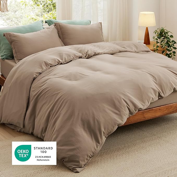 Bedsure Duvet Cover King Size with Fitted Sheet - 4 Pieces Prewashed Cotton-Like Extra Soft Bedding Set, Includes 1 Duvet Cover 104x90 Inches, 2 Pillow Shams, 1 Fitted Sheet, Deep Beige